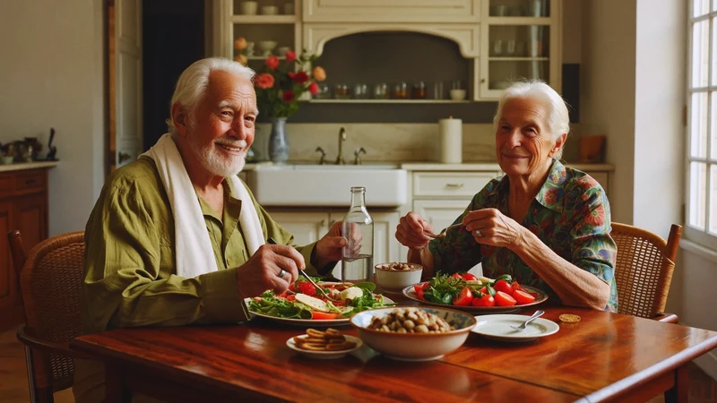 Una coppia di anziani condivide un pranzo casalingo colorato al tavolo di cucina