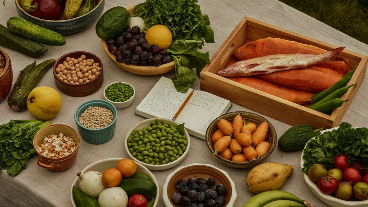 Verdure, legumi, cereali, pesce e frutta in ciotole di ceramica per la settimana