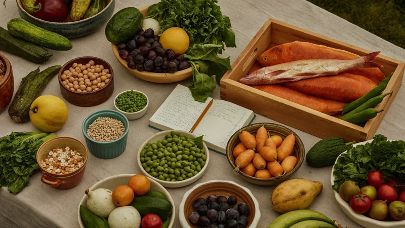 Verdure, legumi, cereali, pesce e frutta in ciotole di ceramica per la settimana