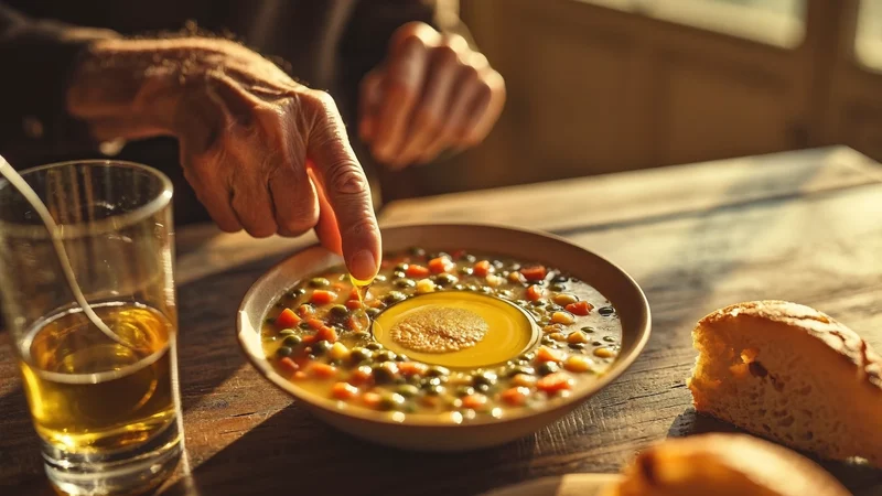 Una ciotola fumante di vellutata di verdure e legumi con pane morbido