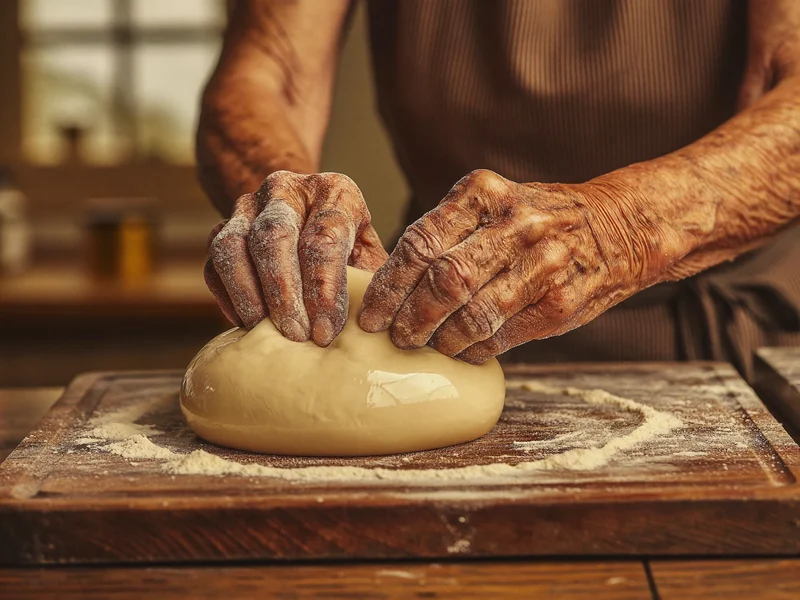 Le mani di una donna anziana impastano la pasta fresca su una spianatoia