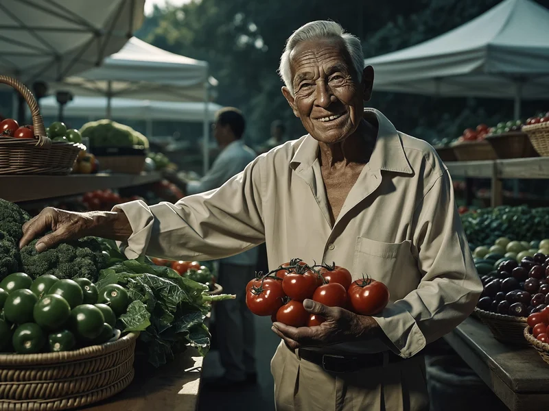 Un uomo anziano sceglie pomodori e verdure a un banco del mercato