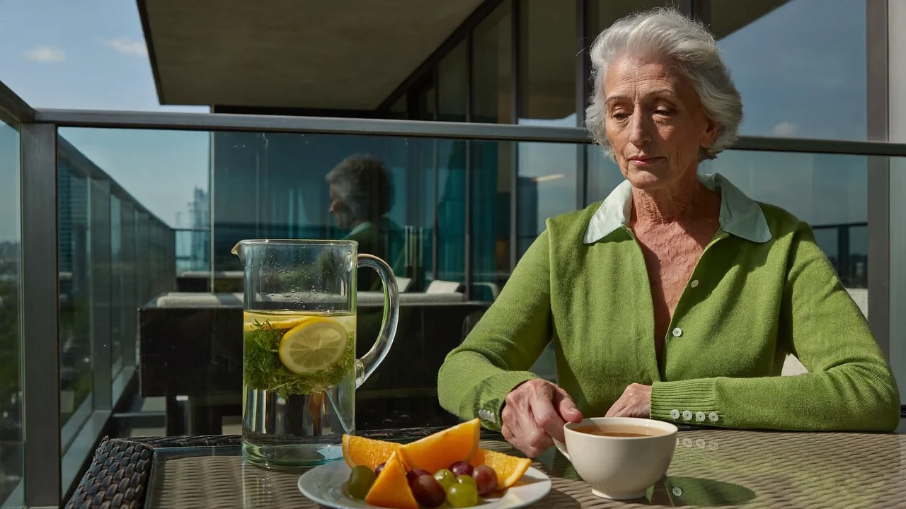 Brocca d'acqua con limone ed erbe, tisana e frutta su un tavolo da balcone